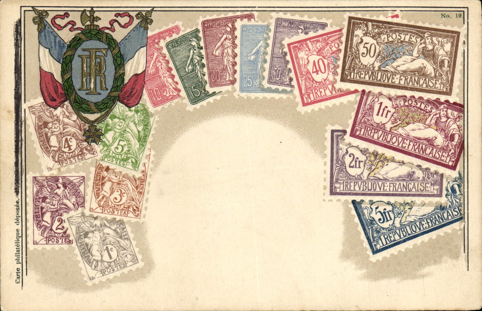 Alte Ansichtskarte mit den Marken Type Blanc, Semeuse und Merson